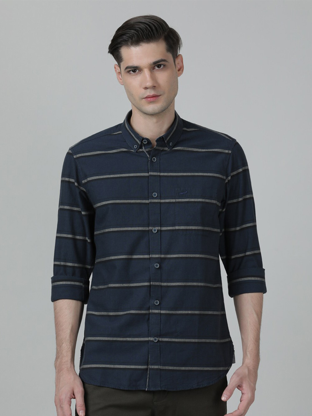 

Crocodile Men Horizontal Striped Slim Fit Casual Cotton Shirt, Navy blue