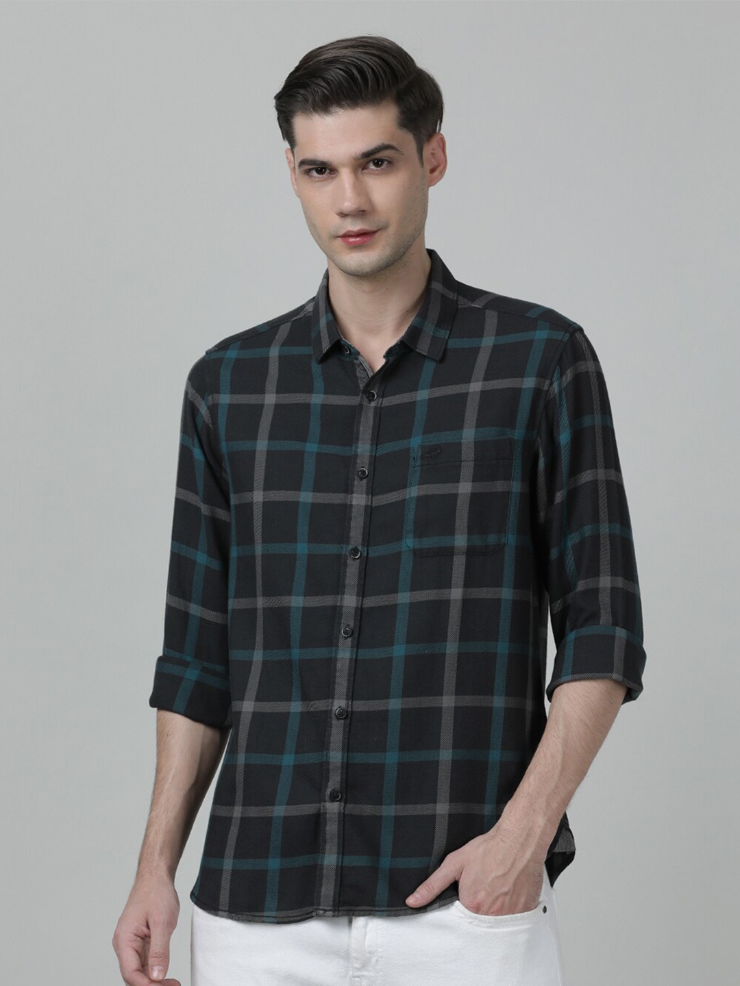 

Crocodile Men Tartan Checked Comfort Casual Cotton Shirt, Black