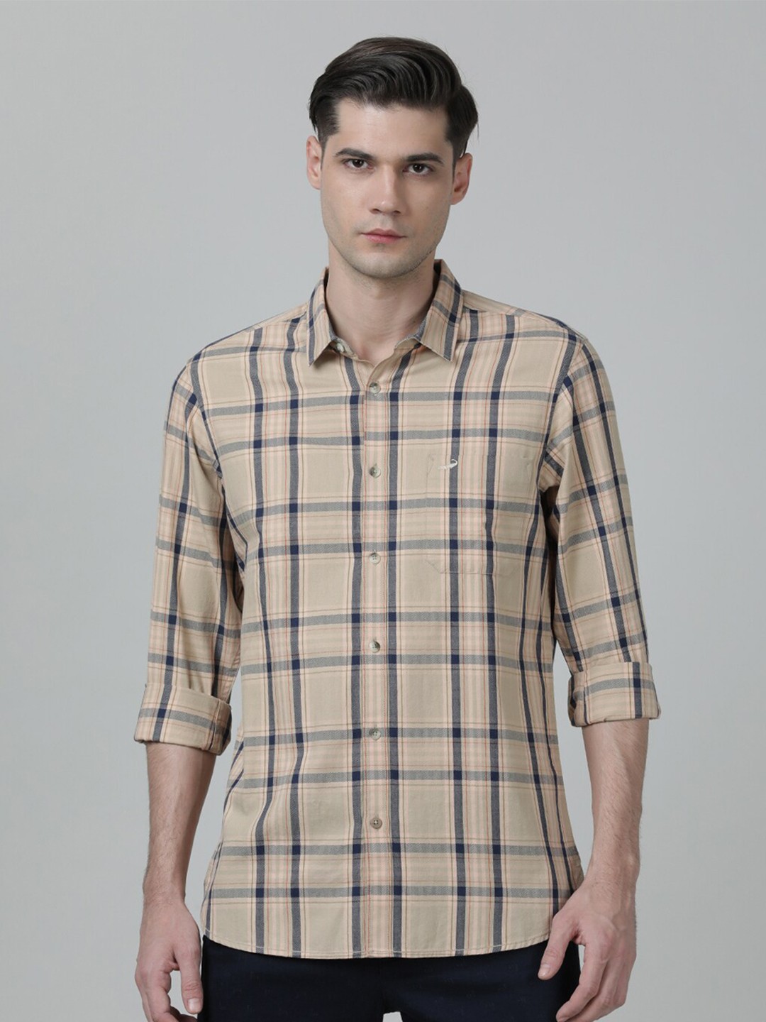 

Crocodile Men Slim Fit Tartan Checks Casual Pure Cotton Shirt, Beige