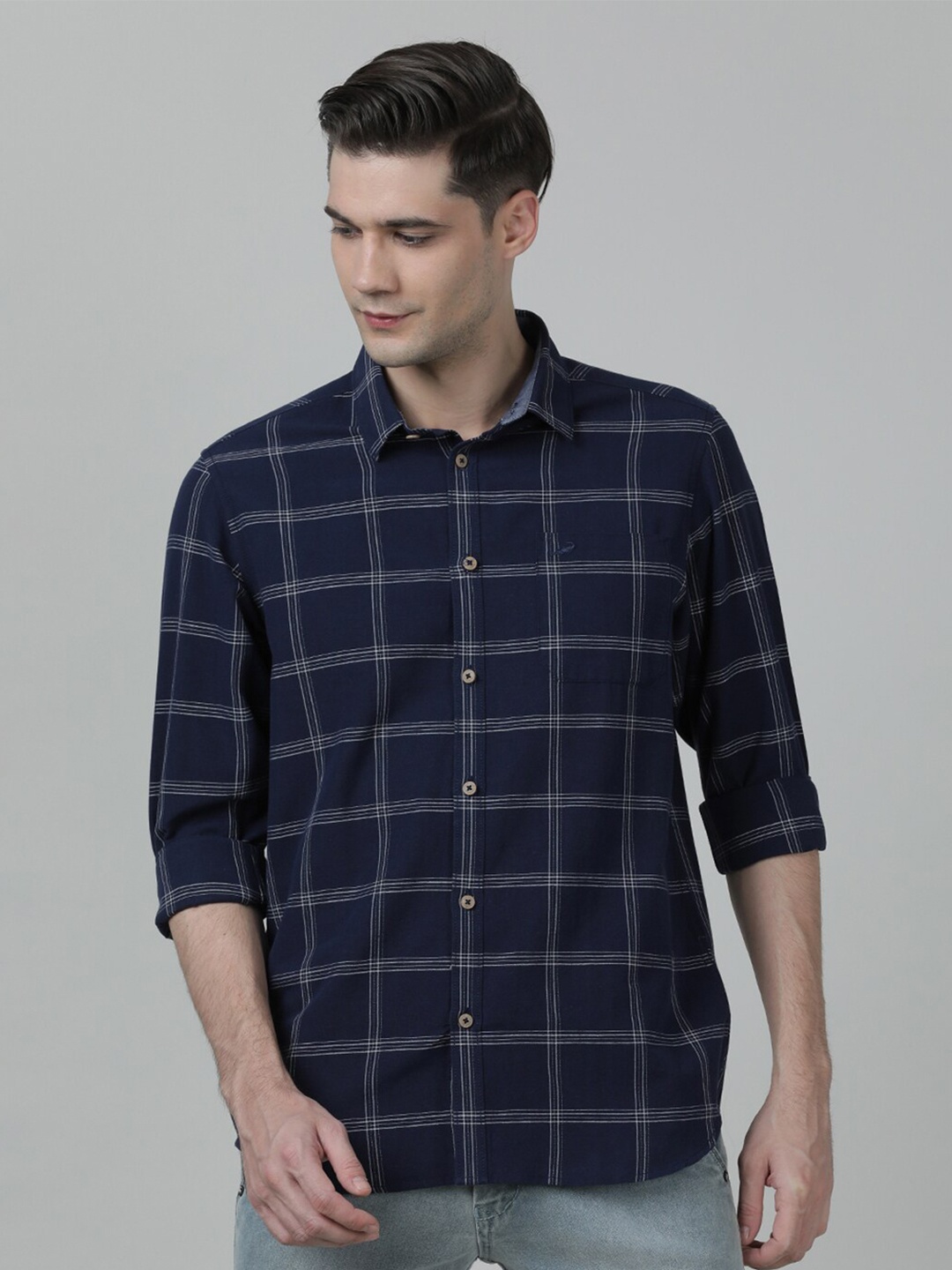 

Crocodile Men Navy Blue Comfort Windowpane Checks Checked Casual Shirt