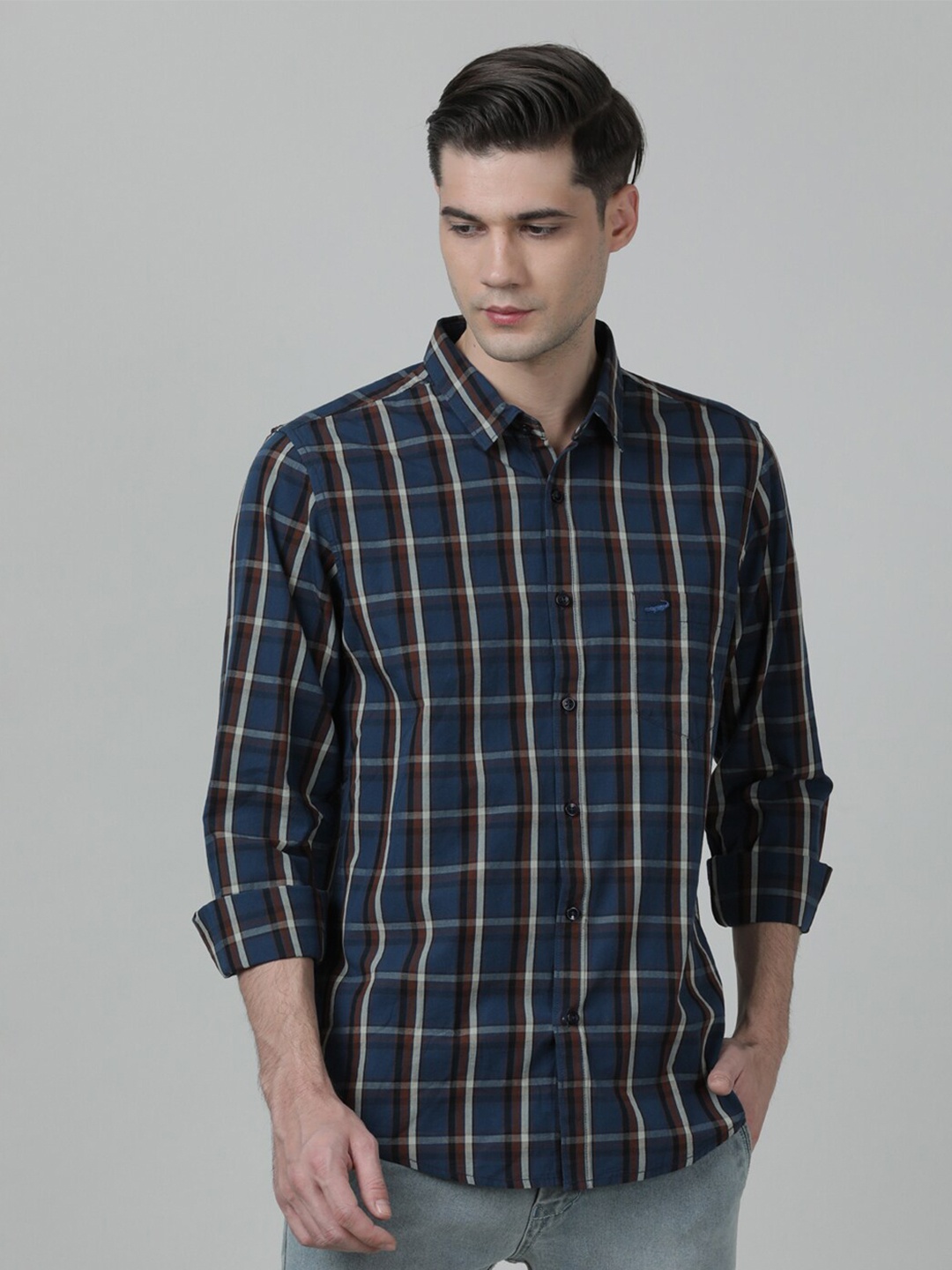 

Crocodile Men Slim Fit Tartan Checks Casual Pure Cotton Shirt, Navy blue