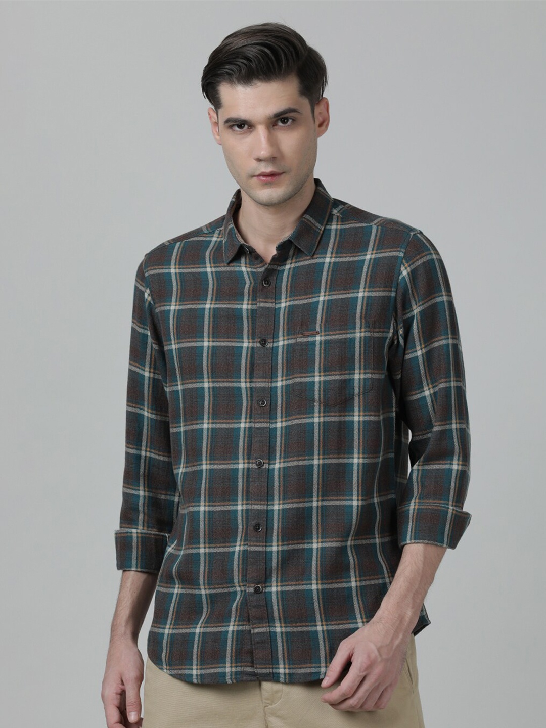 

Crocodile Men Comfort Windowpane Checks Casual Pure Cotton Shirt, Teal