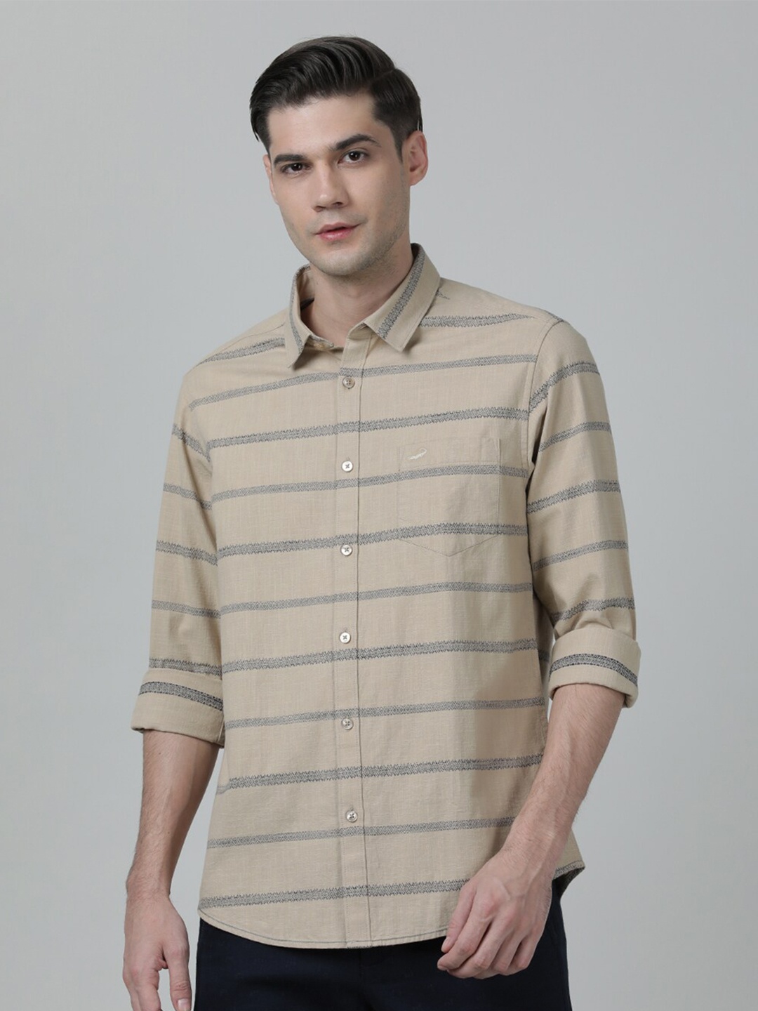 

Crocodile Men Comfort Horizontal Stripes Casual Cotton Shirt, Beige