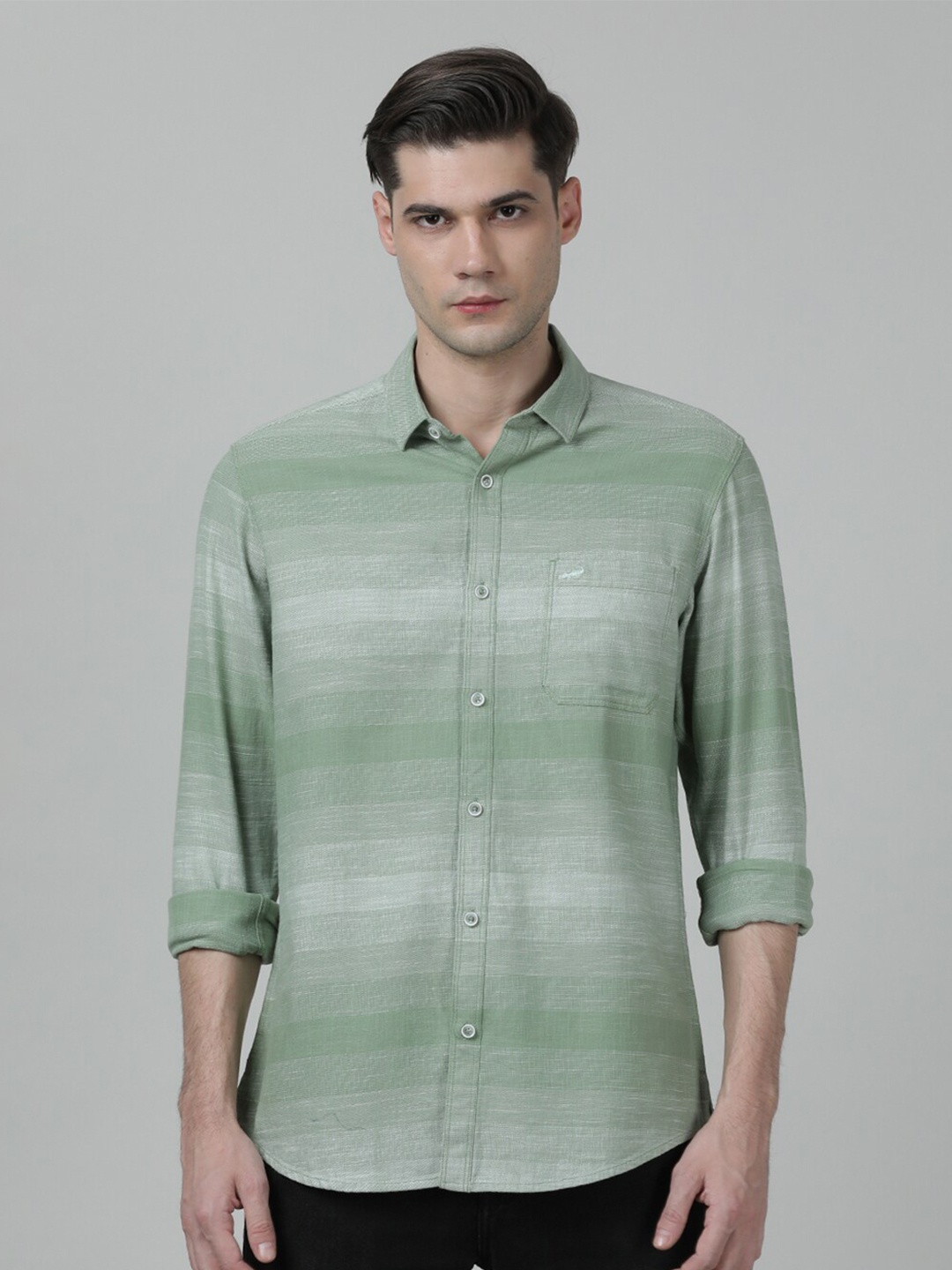 

Crocodile Men Comfort Horizontal Striped Casual Cotton Shirt, Green