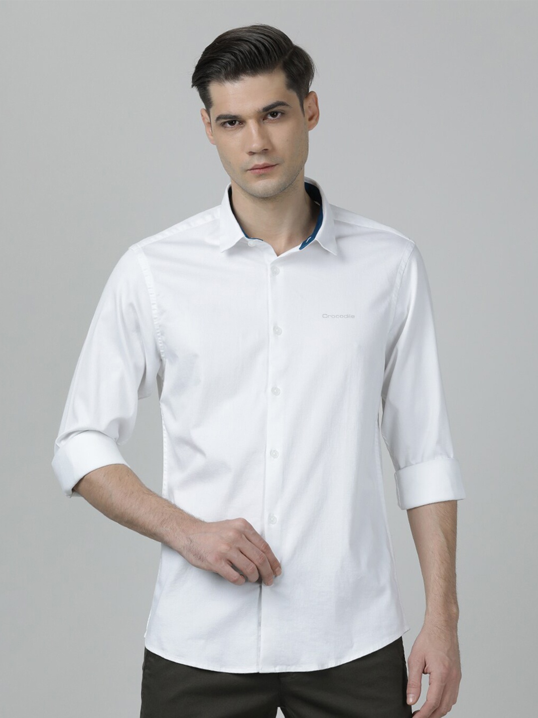 

Crocodile Comfort Spread Collar Casual Cotton Shirt, White