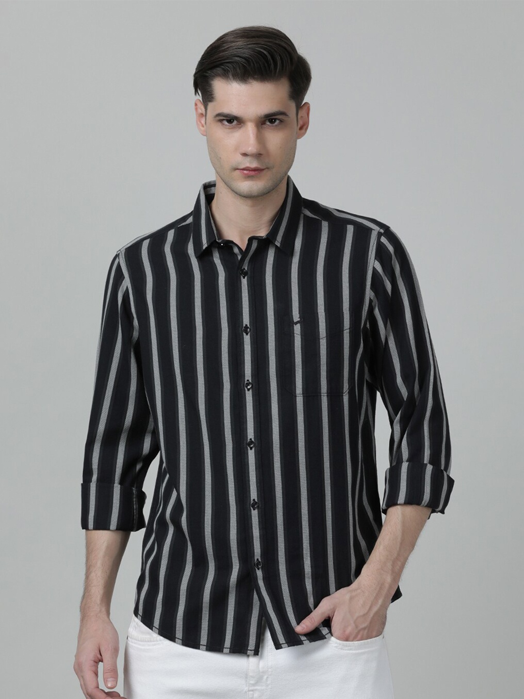 

Crocodile Men Comfort Striped Casual Cotton Shirt, Black