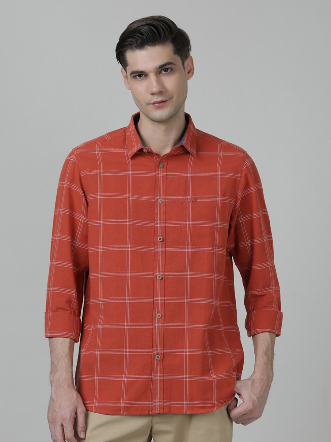 

Crocodile Men Comfort Tartan Checked Casual Cotton Shirt, Rust