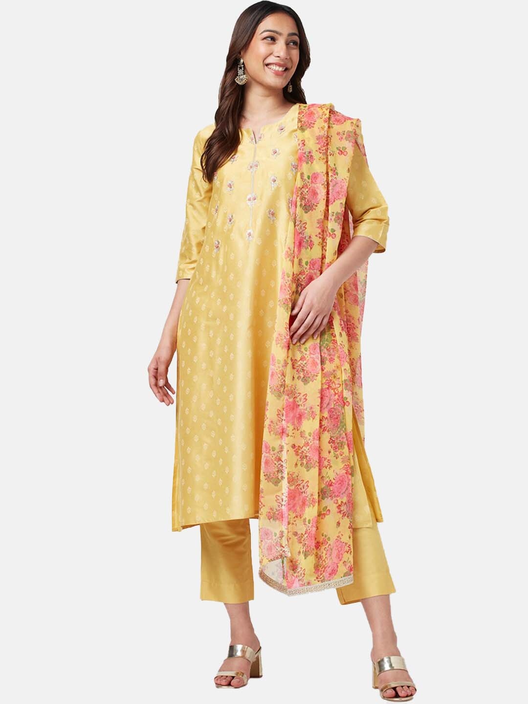 

RANGMANCH BY PANTALOONS Women Floral Embroidered Kurta with Trousers & Dupatta, Yellow