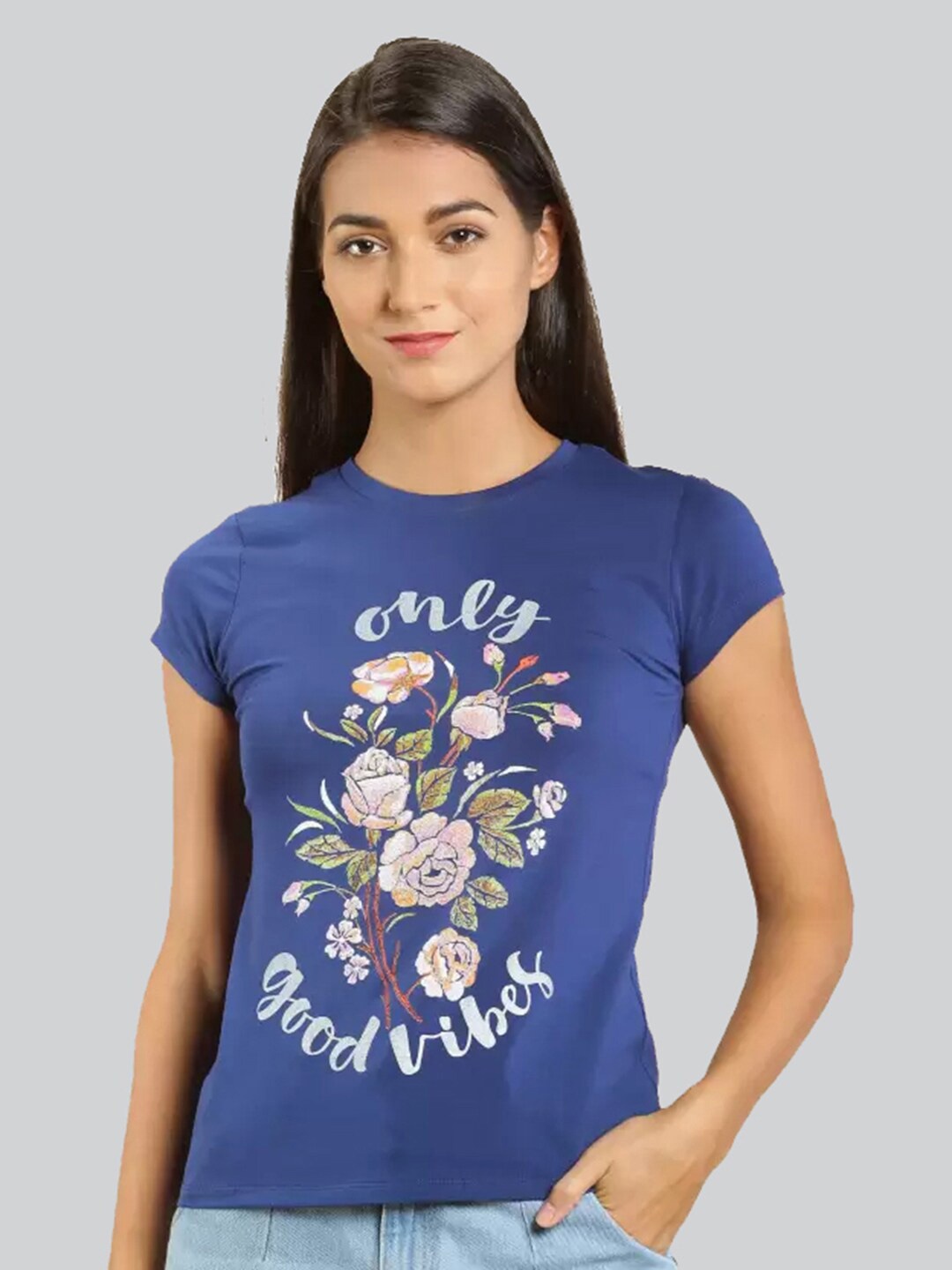 

LYRA Women Floral Printed Antimicrobial Cotton T-shirt, Blue