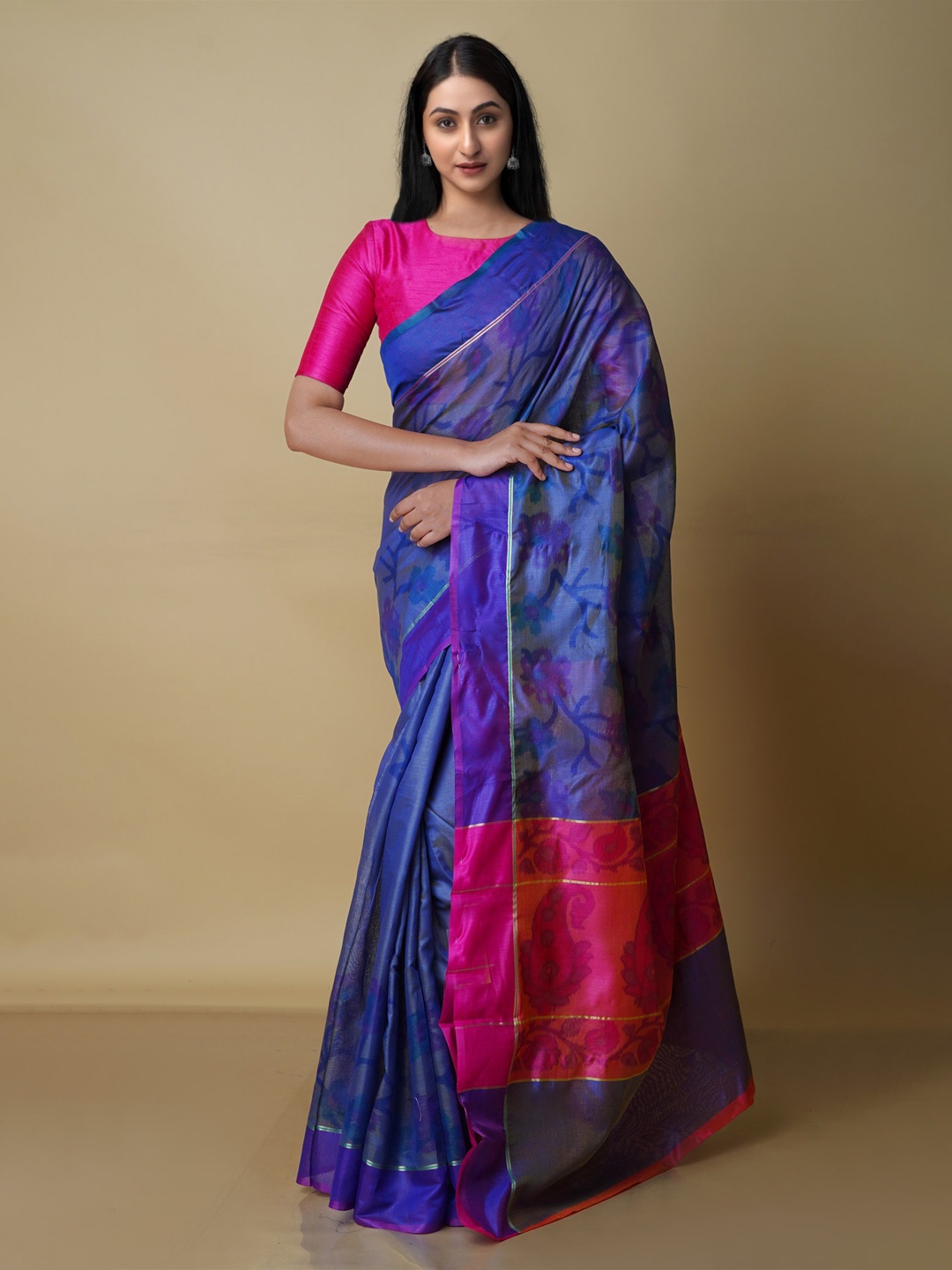 

Unnati Silks Ethnic Motifs Silk Cotton Chanderi Saree, Grey