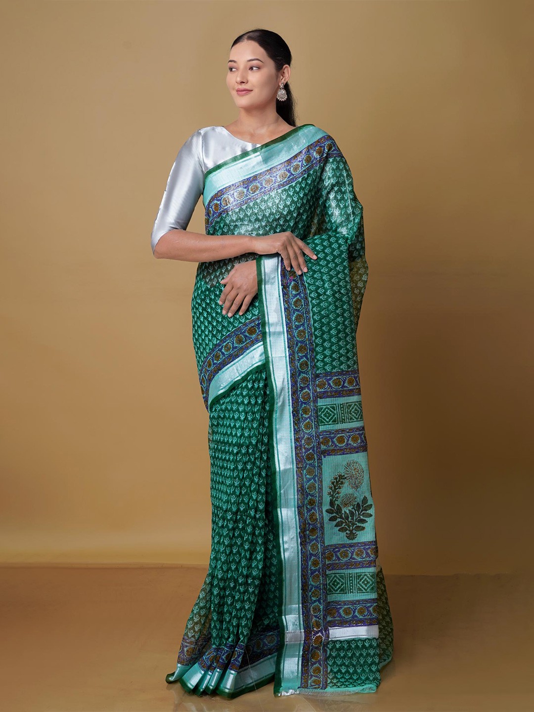 

Unnati Silks Ethnic Motifs Zari Pure Cotton Kota Saree, Teal