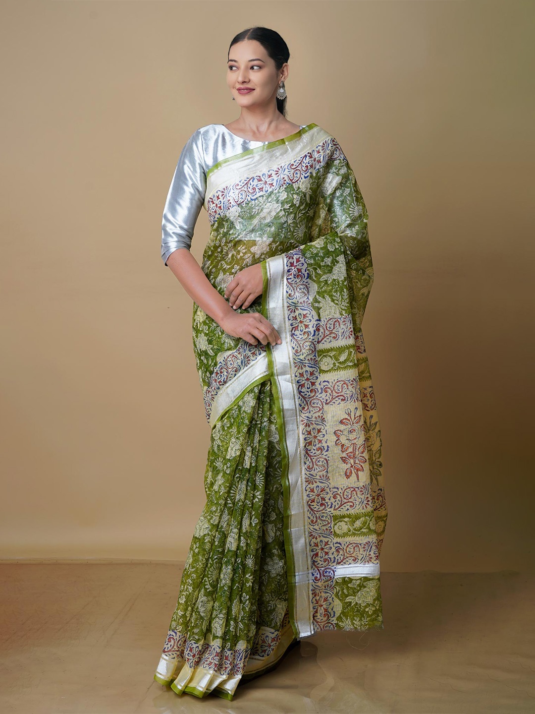

Unnati Silks Ethnic Motifs Zari Pure Cotton Kota Saree With Blouse Piece, Olive