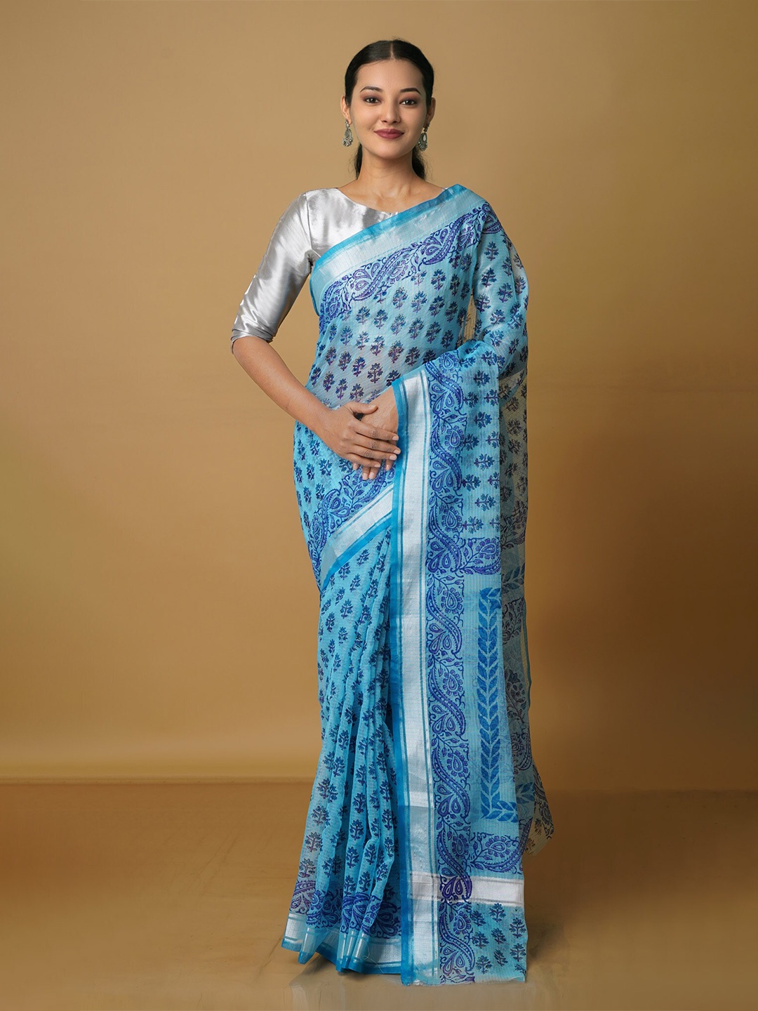 

Unnati Silks Ethnic Motifs Zari Pure Cotton Kota Saree, Blue