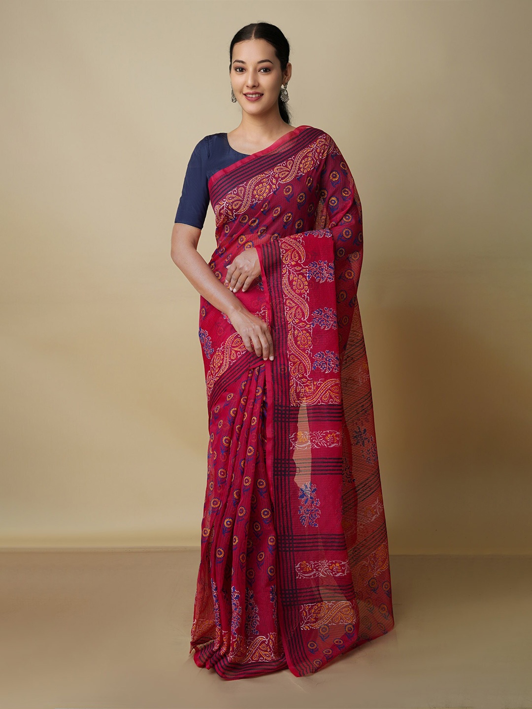 

Unnati Silks Ethnic Motifs Silk Blend Banarasi Saree, Red