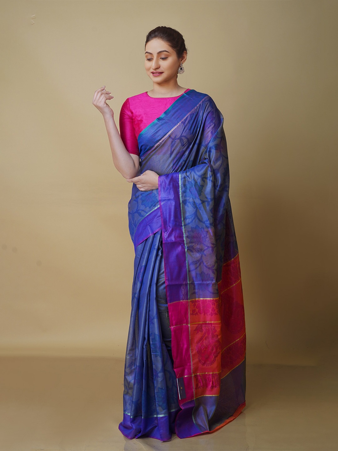 

Unnati Silks Floral Printed Silk Blend Chanderi Saree, Blue