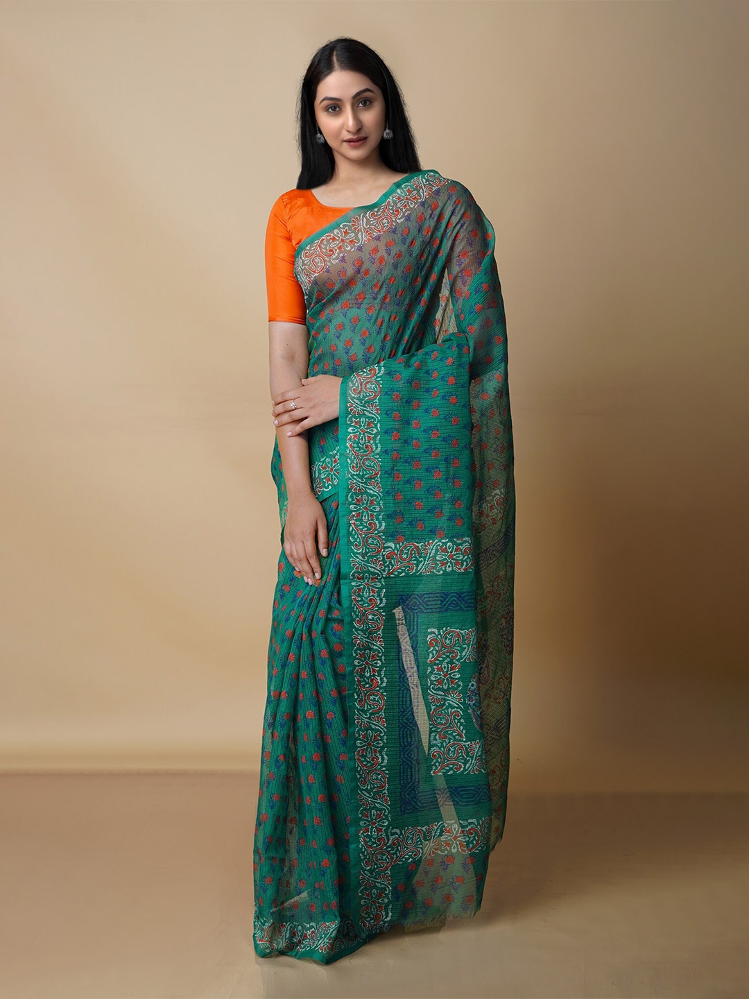 

Unnati Silks Ethnic Motifs Silk Blend Banarasi Saree, Green