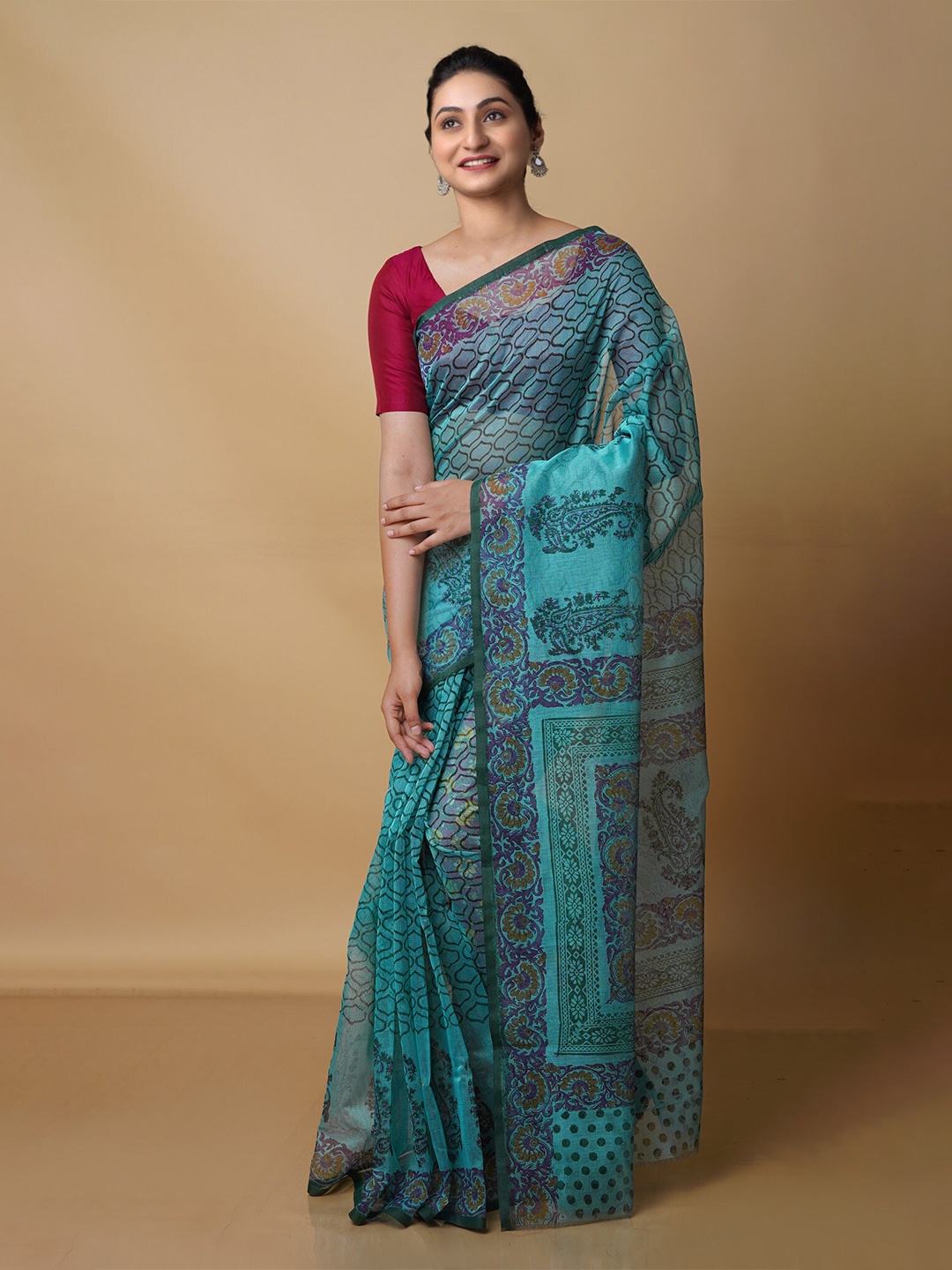 

Unnati Silks Ethnic Motifs Silk Blend Banarasi Saree, Blue
