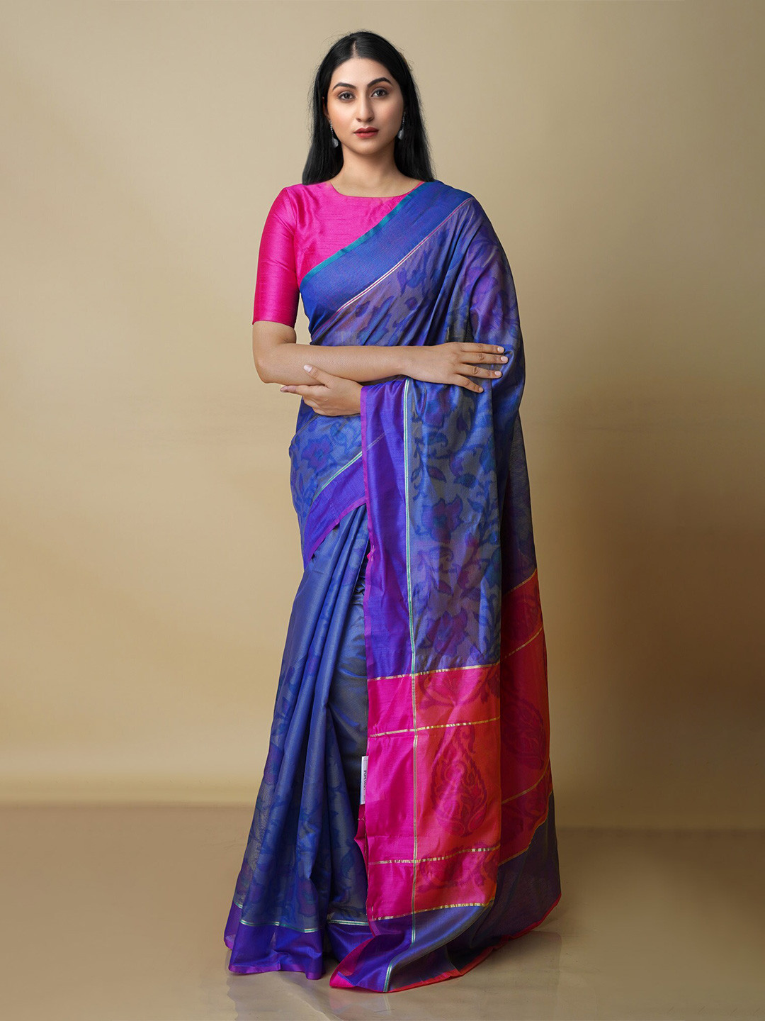 

Unnati Silks Ethnic Motifs Zari Silk Cotton Chanderi Saree, Grey