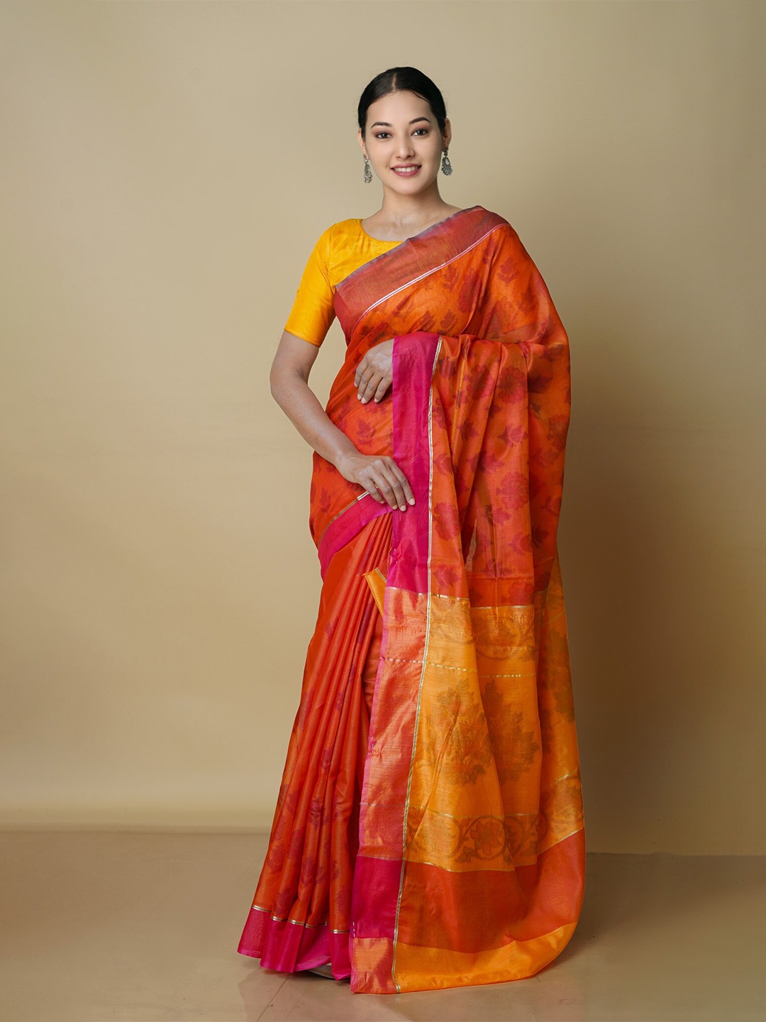 

Unnati Silks Ethnic Motifs Silk Blend Chanderi Saree, Orange