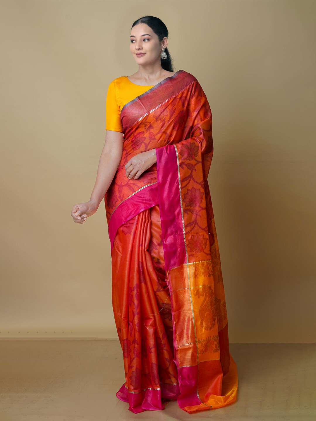 

Unnati Silks Ethnic Motifs Zari Silk Cotton Chanderi Saree, Orange