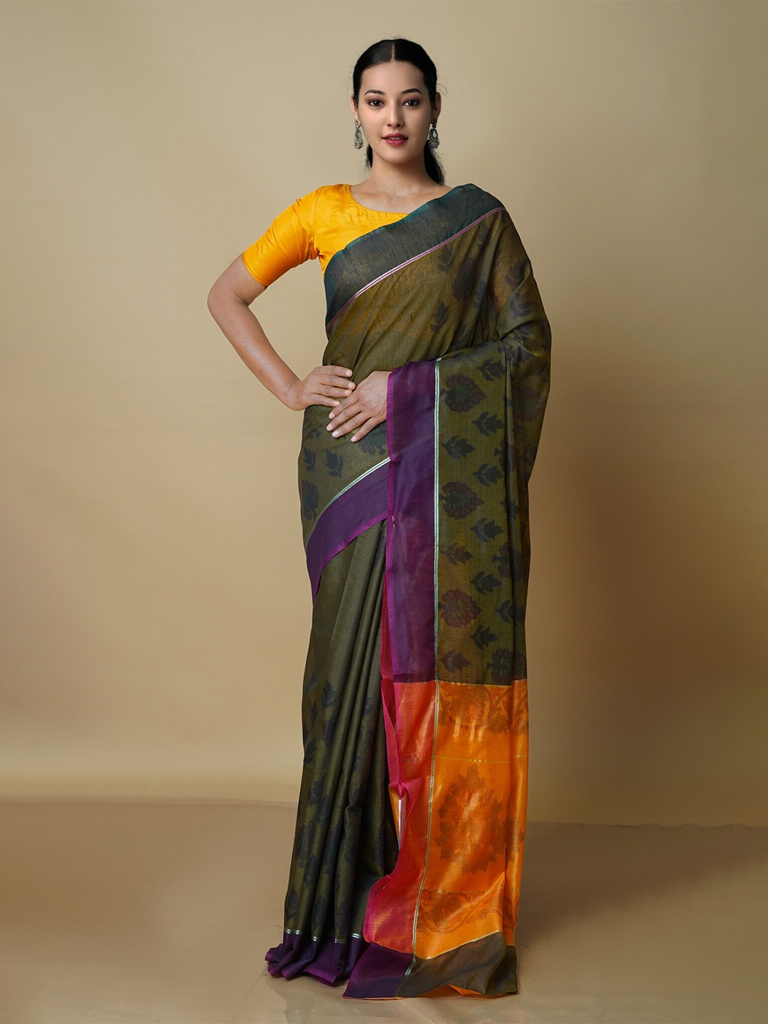 

Unnati Silks Ethnic Motifs Silk Blend Chanderi Saree, Olive