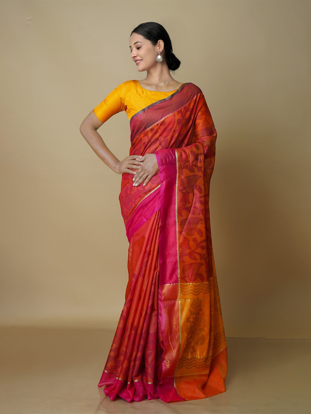 

Unnati Silks Ethnic Motifs Silk Blend Chanderi Saree, Orange