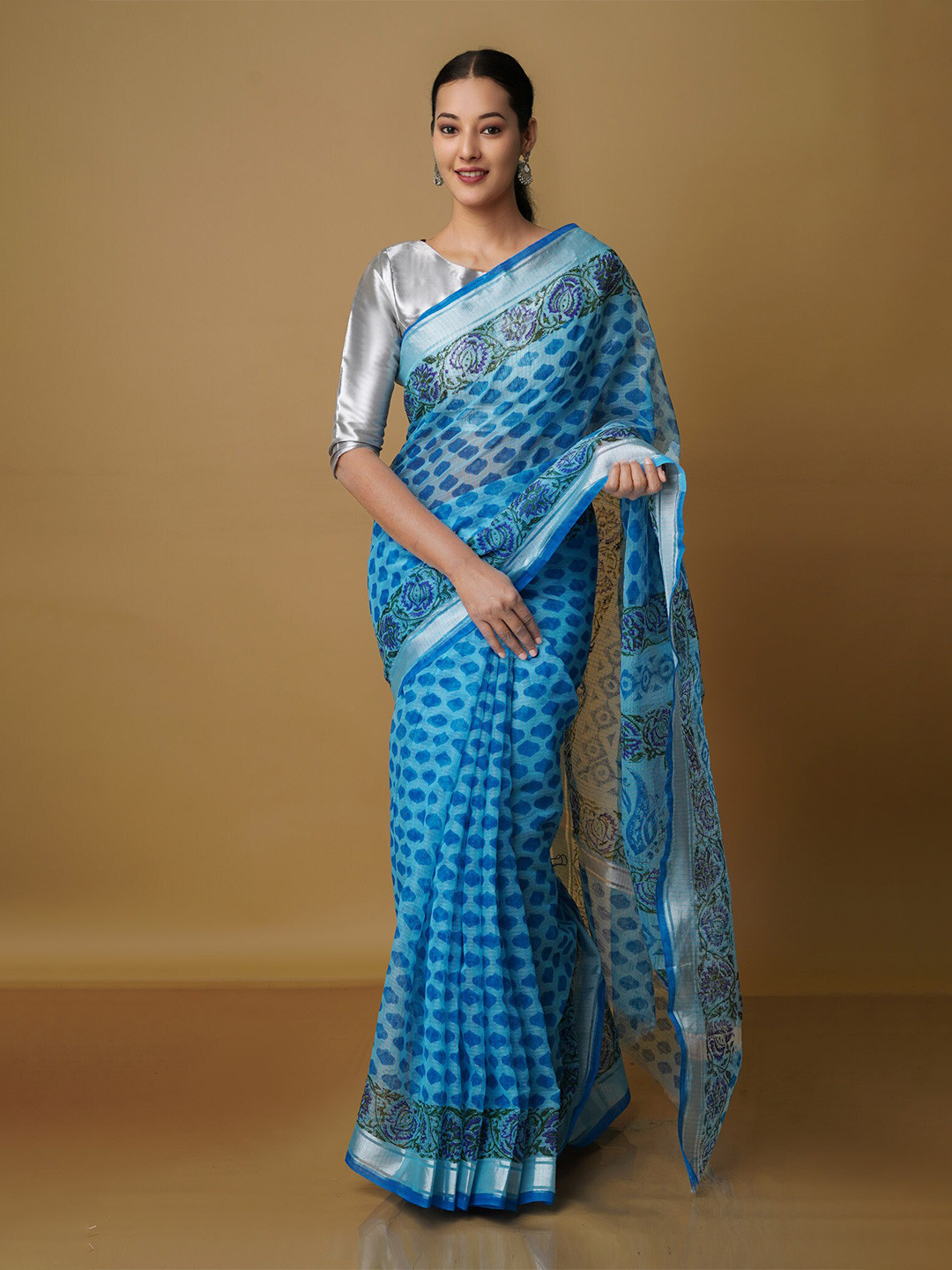 

Unnati Silks Ethnic Motifs Zari Pure Cotton Kota Saree, Blue