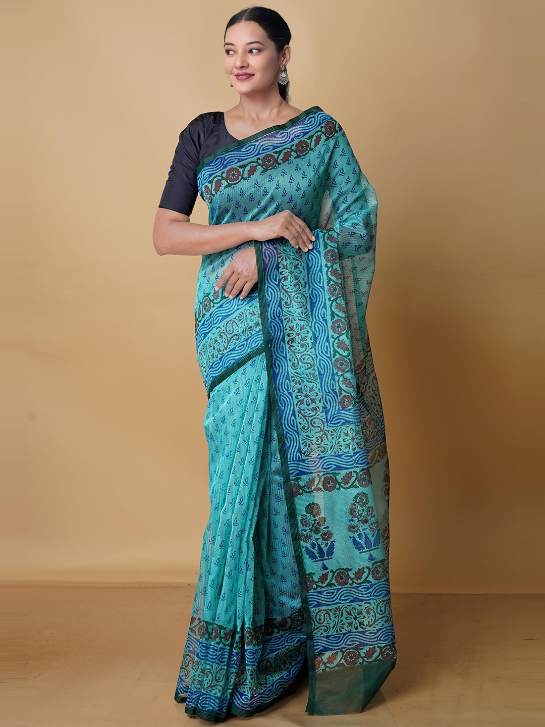 

Unnati Silks Ethnic Motifs Silk Blend Banarasi Saree, Blue