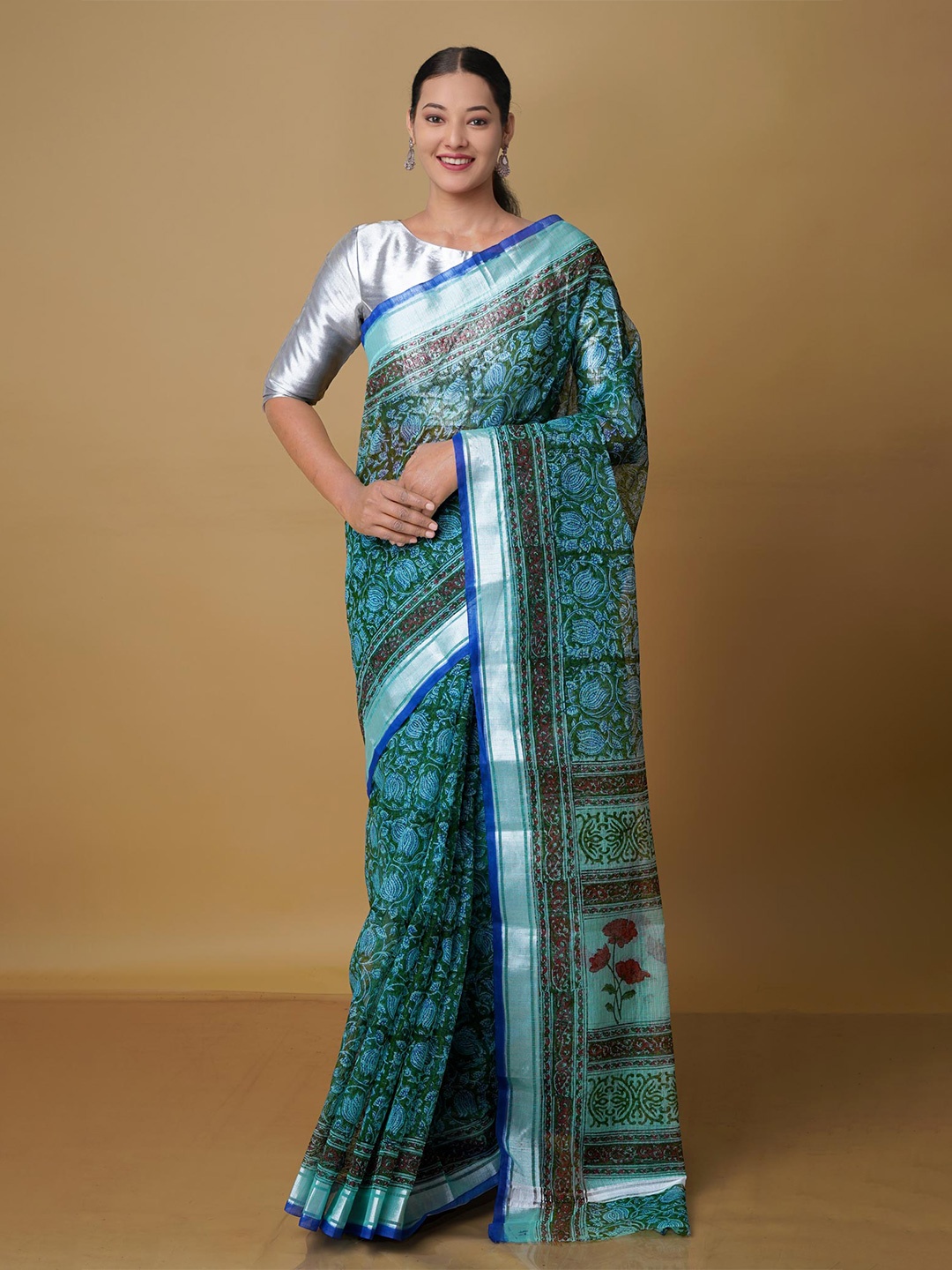 

Unnati Silks Ethnic Motifs Zari Pure Cotton Kota Saree, Green