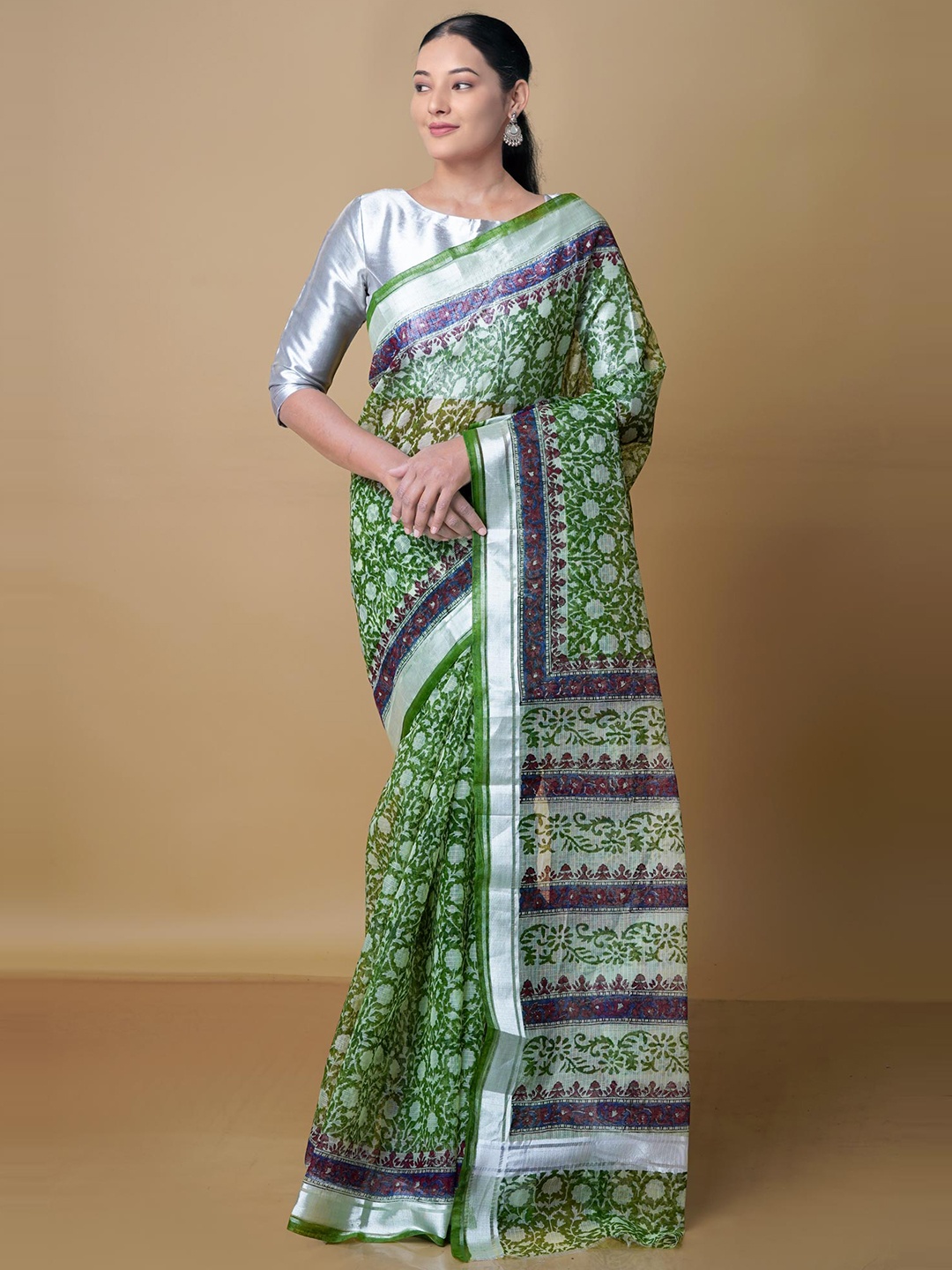 

Unnati Silks Ethnic Motifs Zari Pure Cotton Kota Saree, Green