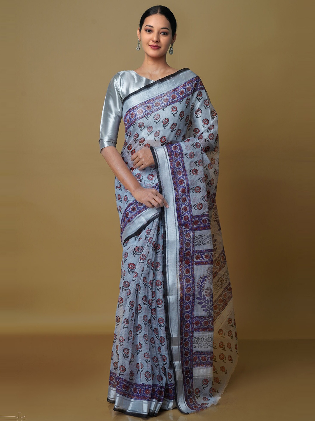 

Unnati Silks Ethnic Motifs Printed Zari Pure Cotton Kota Saree, Blue