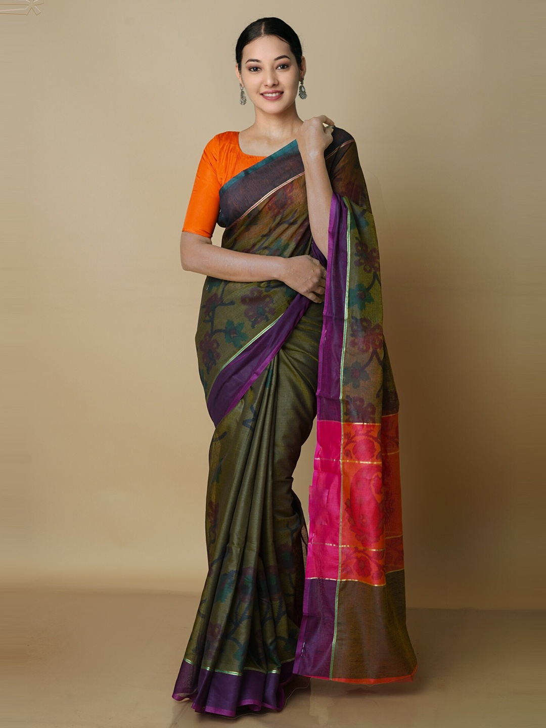 

Unnati Silks Ethnic Motifs Printed Chanderi Saree, Olive