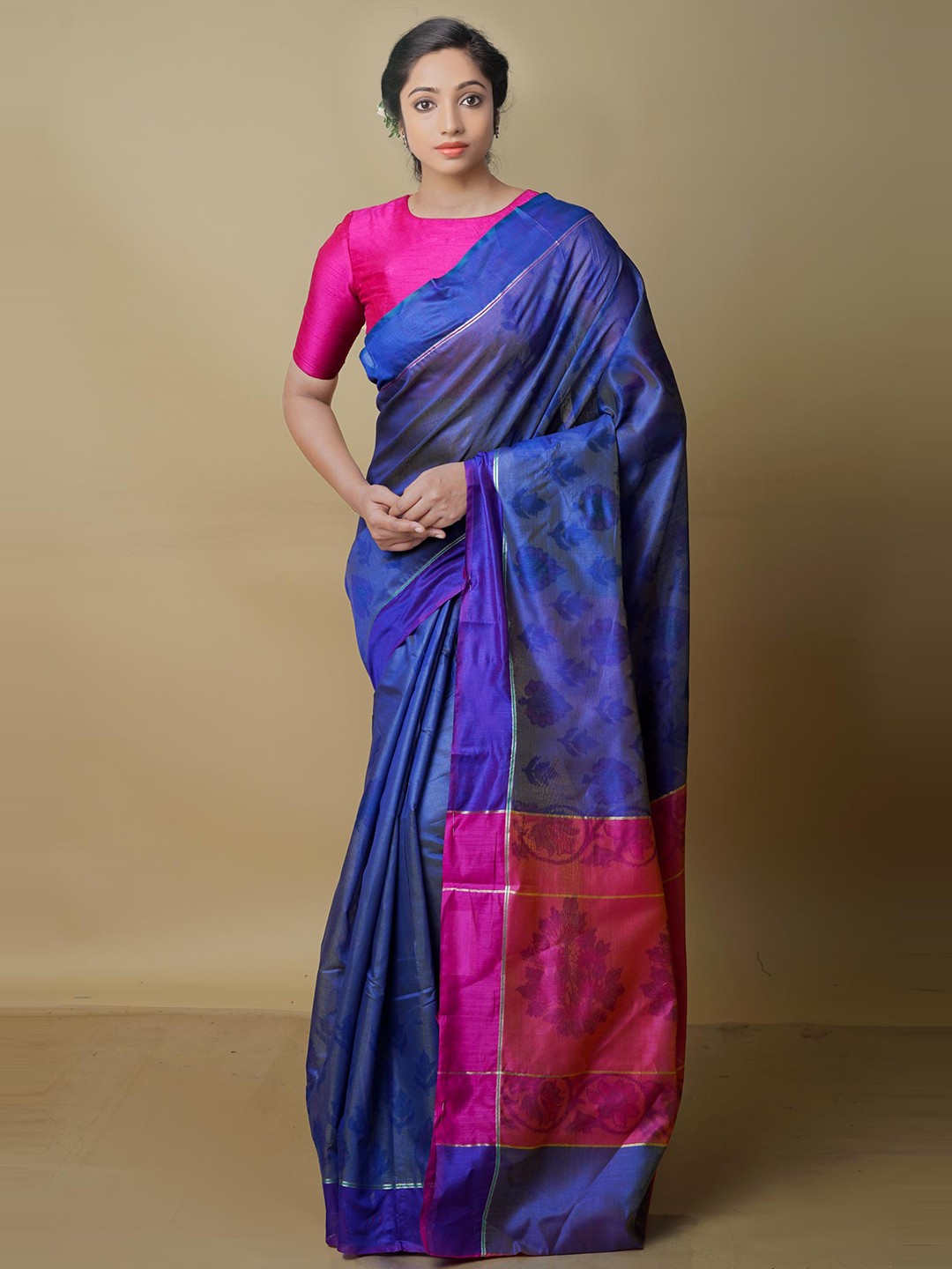 

Unnati Silks Ethnic Motifs Printed Zari Chanderi Saree, Blue