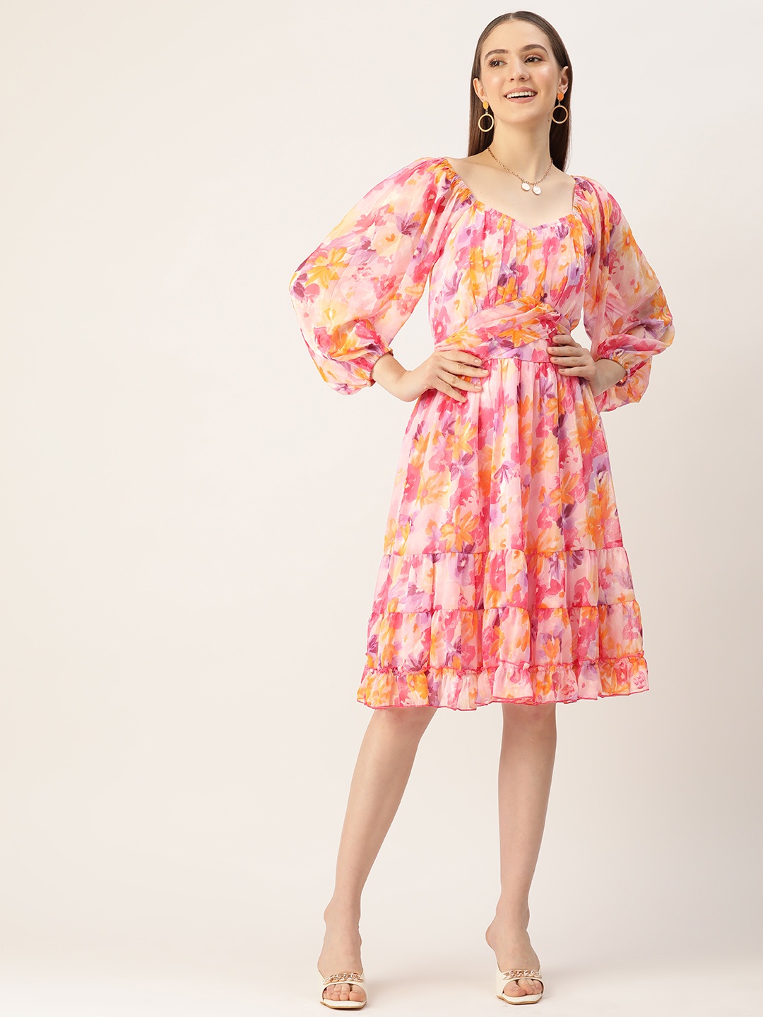 

Antheaa Floral Chiffon A-Line Dress, Pink