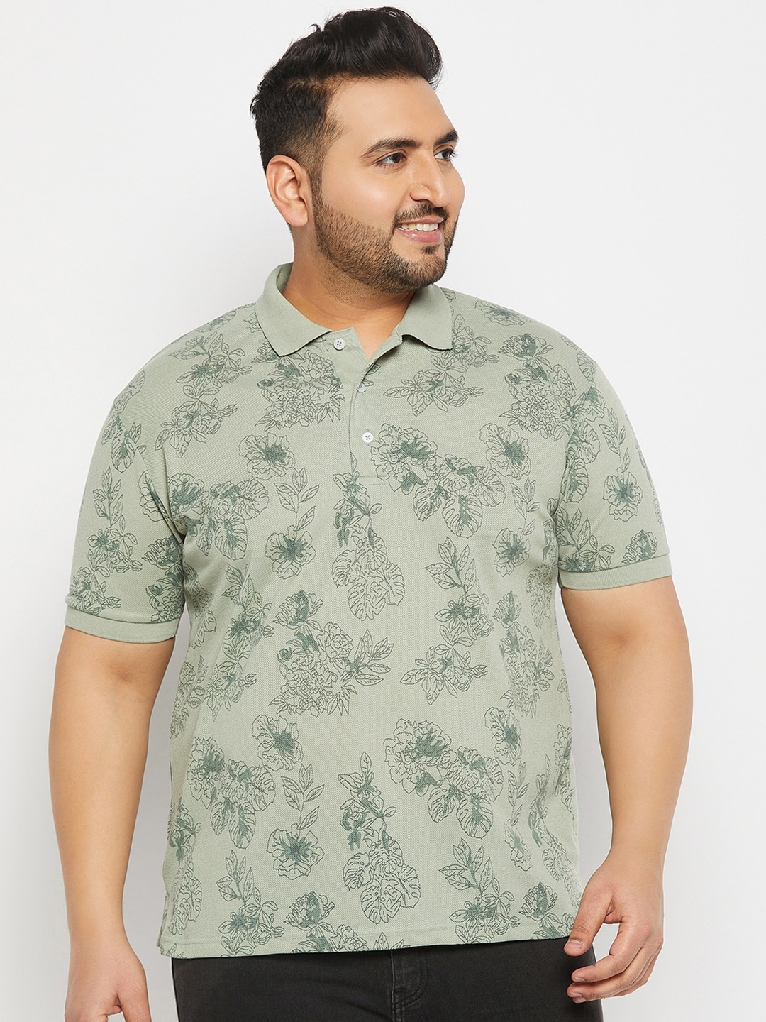 

THE MILLION CLUB Men Plus Size Tropical Printed Polo Collar Cotton T-shirt, Sea green