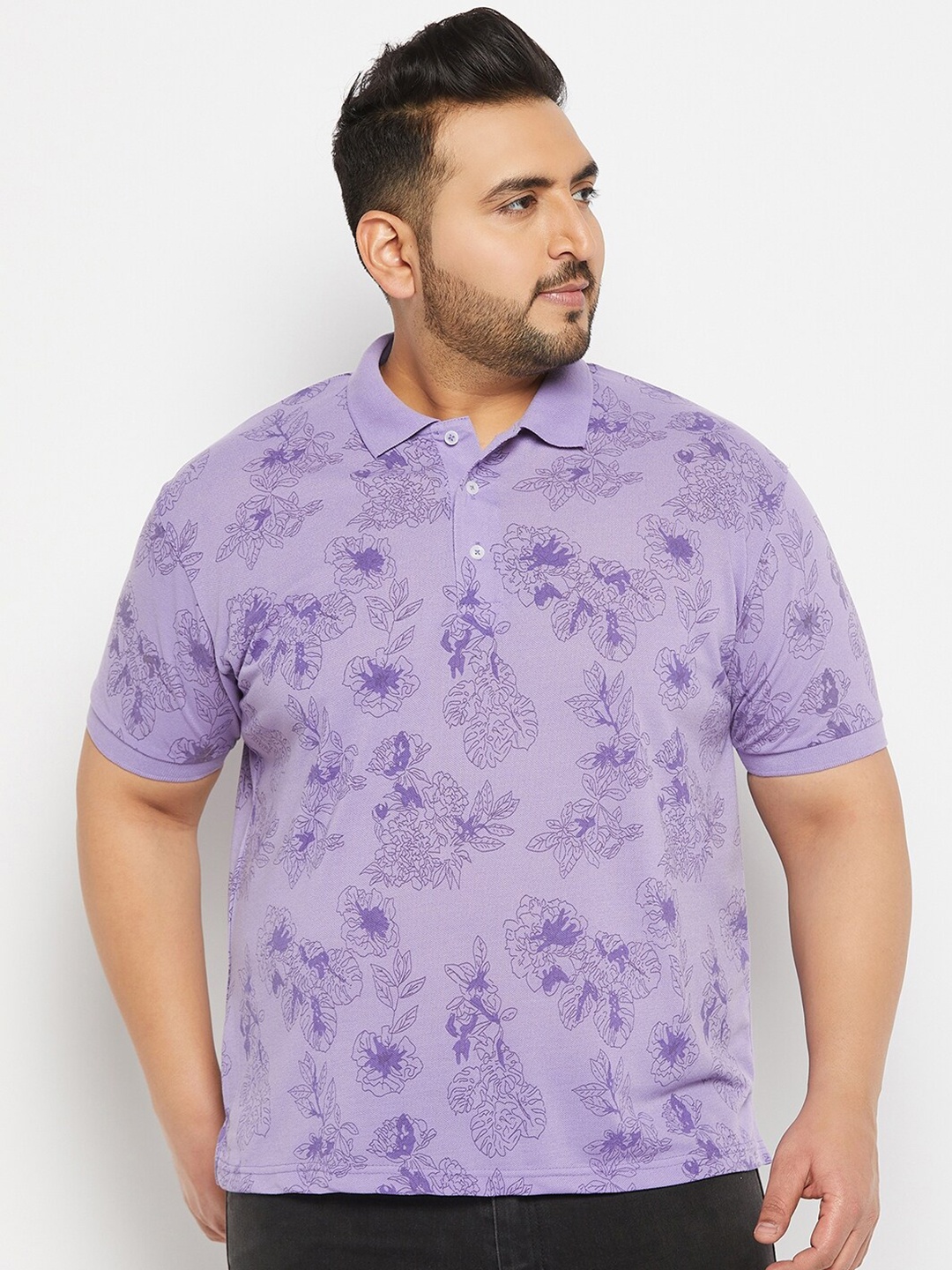 

THE MILLION CLUB Men Floral Printed Polo Collar Cotton T-shirt, Lavender