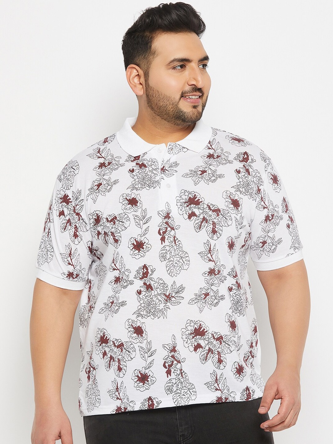 

THE MILLION CLUB Men Plus Size Floral Printed Polo Collar Cotton T-shirt, White