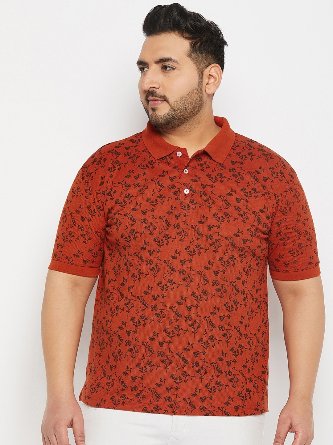 

THE MILLION CLUB Men Plus Size Floral Printed Polo Collar Cotton T-shirt, Rust