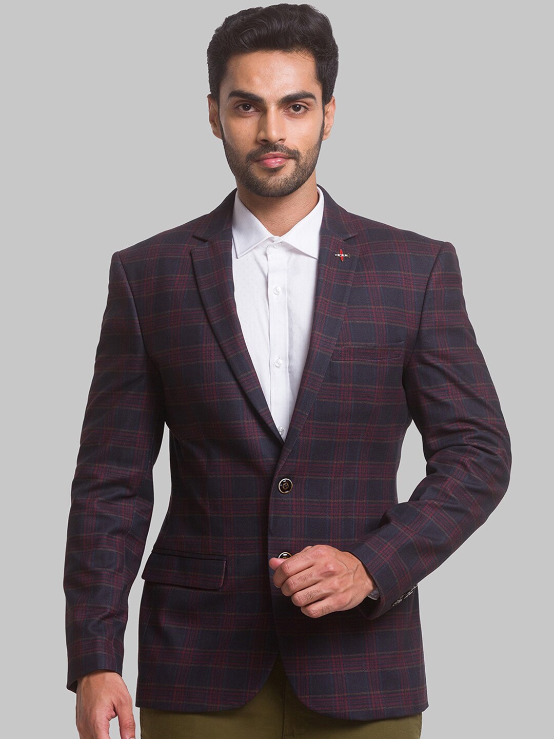 

Park Avenue Men Checked Single Breasted Blazers, Maroon