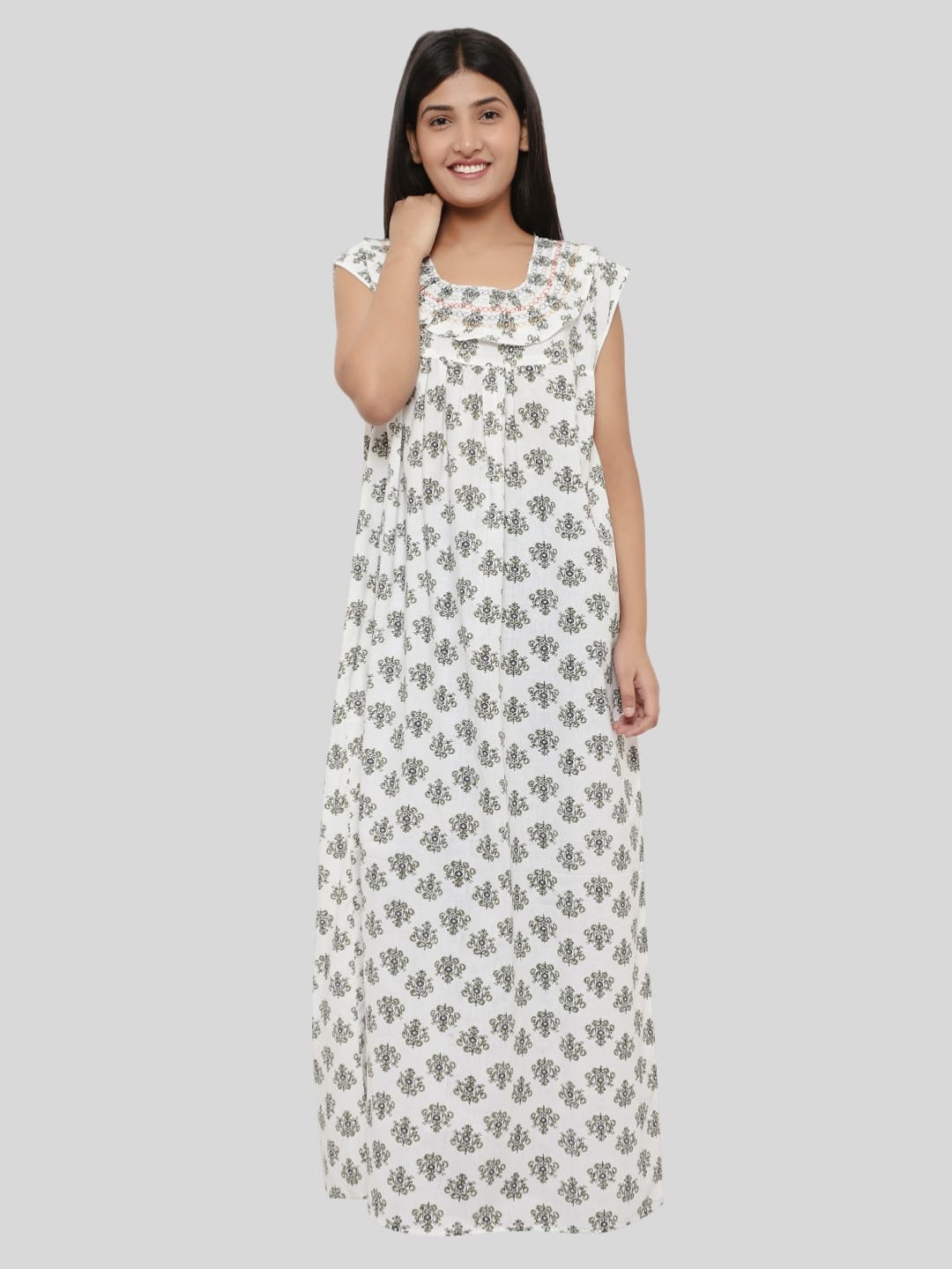 

PALIVAL Ethnic Motifs Printed Pure Cotton Maxi Nightdress, White