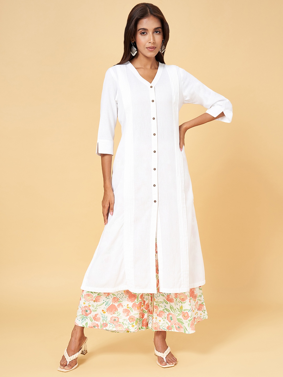 

RANGMANCH BY PANTALOONS Women V-Neck Cotton Kurta, White
