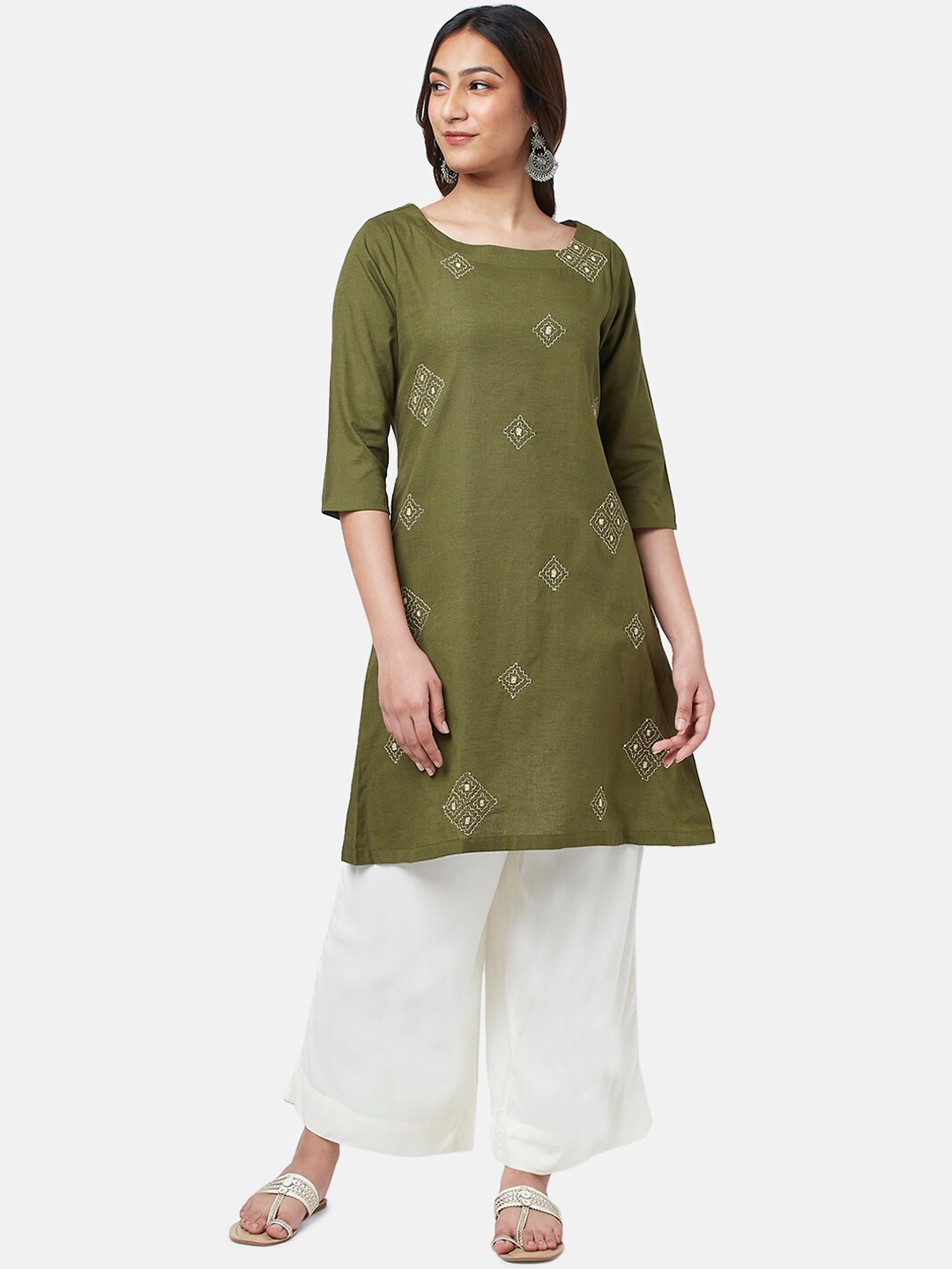 

RANGMANCH BY PANTALOONS Women Ethnic Motifs Embroidered Cotton Kurta, Olive