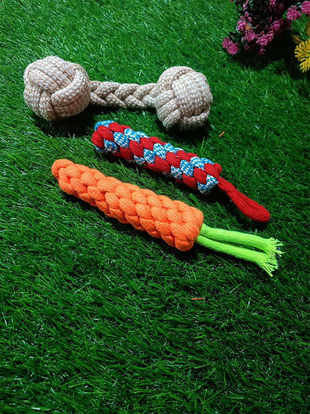 

Emily pets Set Of 3 Self-Design Chew Rope Cotton Pet Toys, Orange