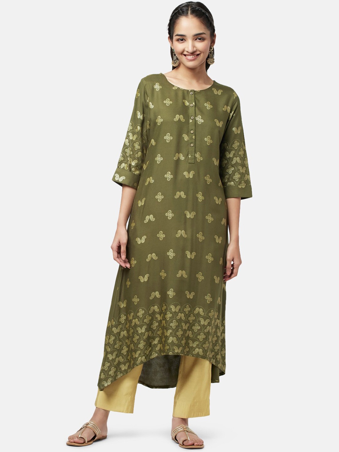 

YU by Pantaloons Women Flared Sleeves Anarkali Kurta, Olive