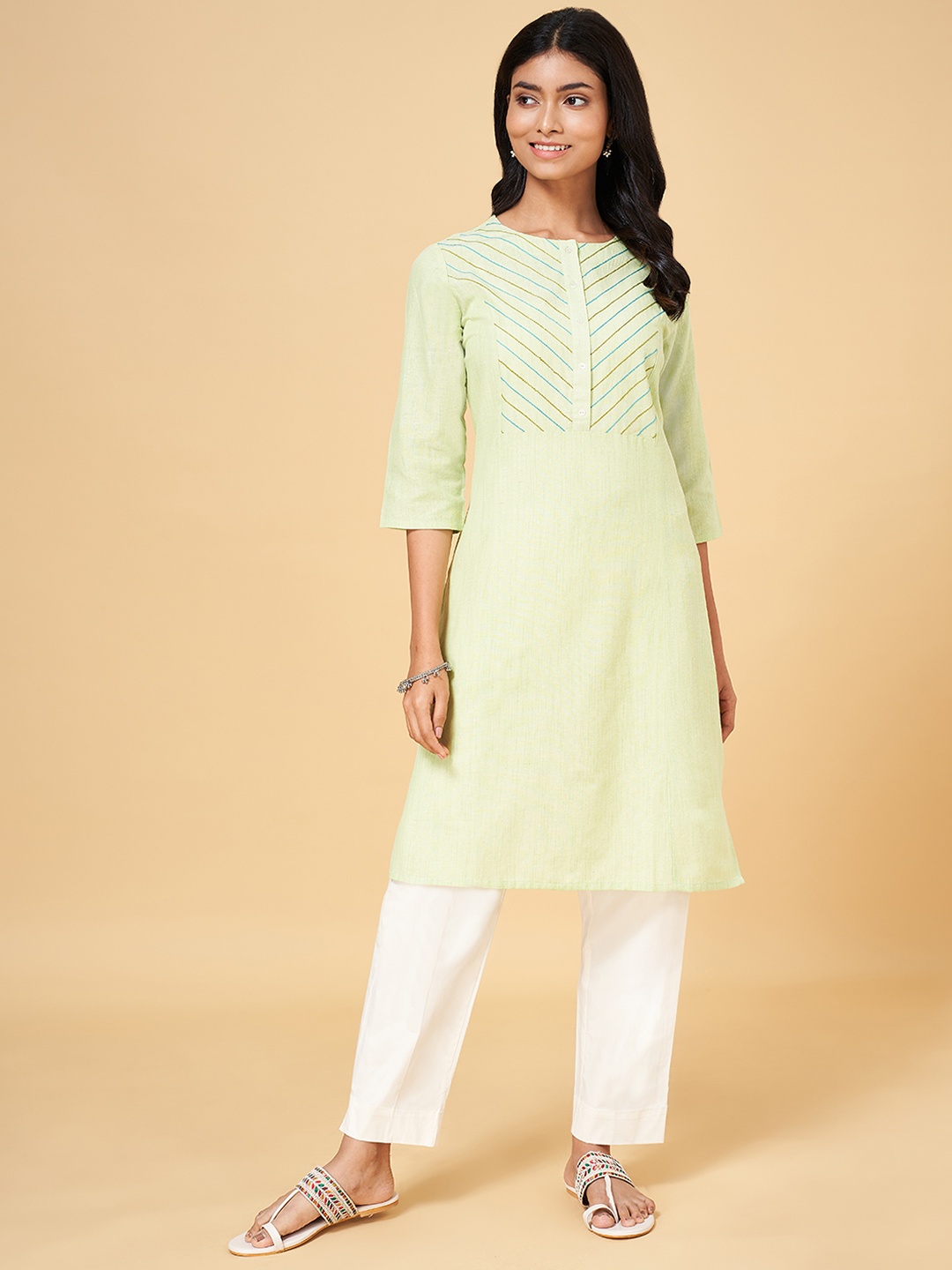 

YU by Pantaloons Women Striped Thread Work A-Line Kurta, Green