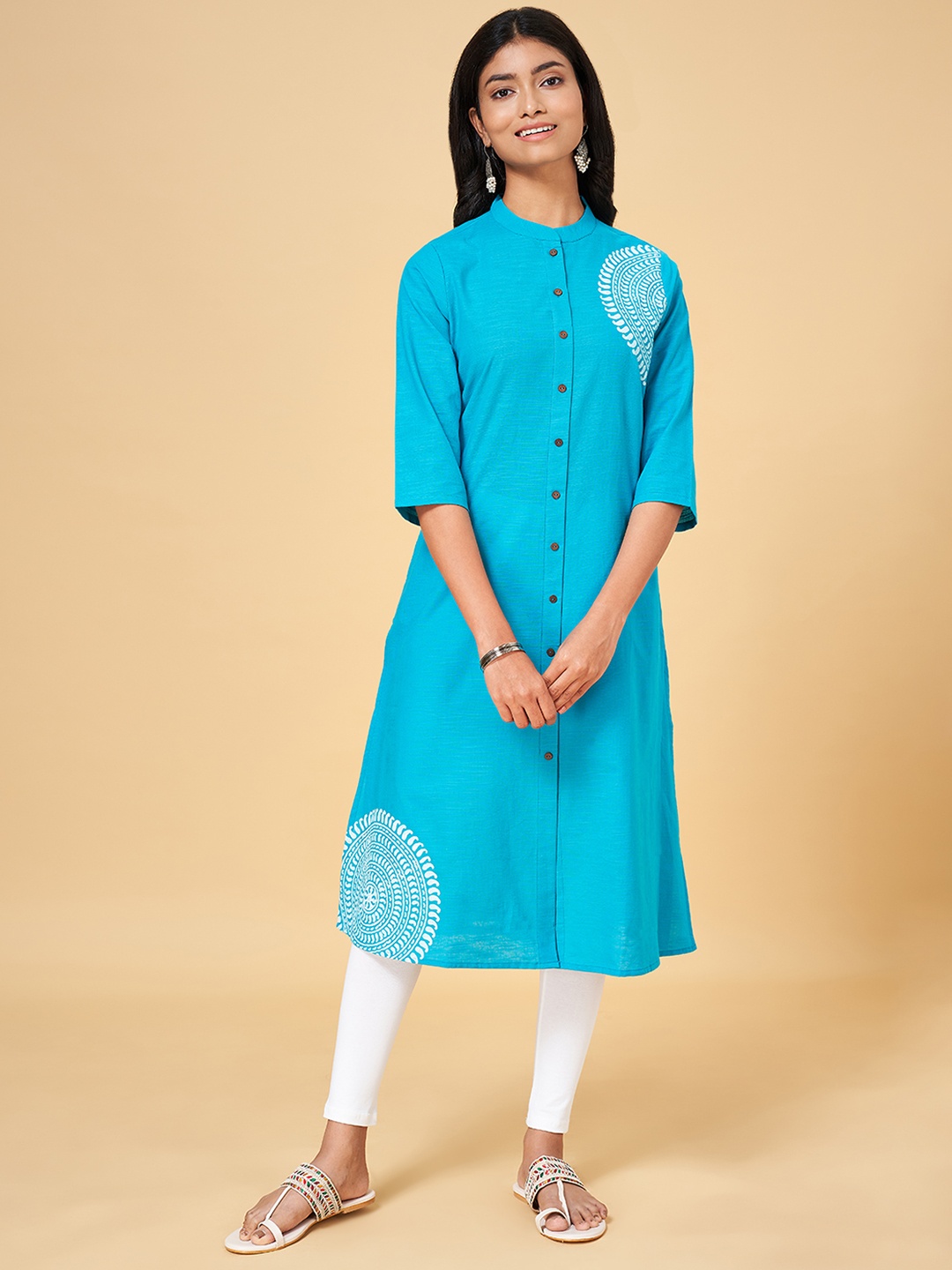 

YU by Pantaloons Women Ethnic Motif Printed A-Line Kurta, Turquoise blue