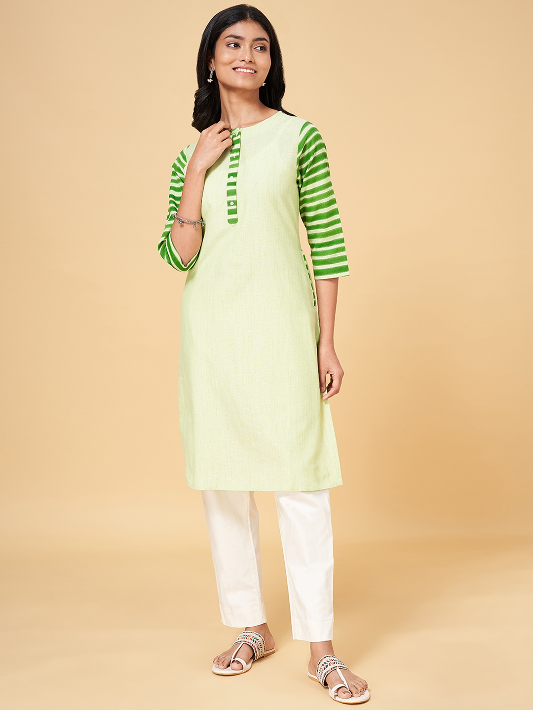 

YU by Pantaloons Women Striped Round Neck Kurta, Sea green