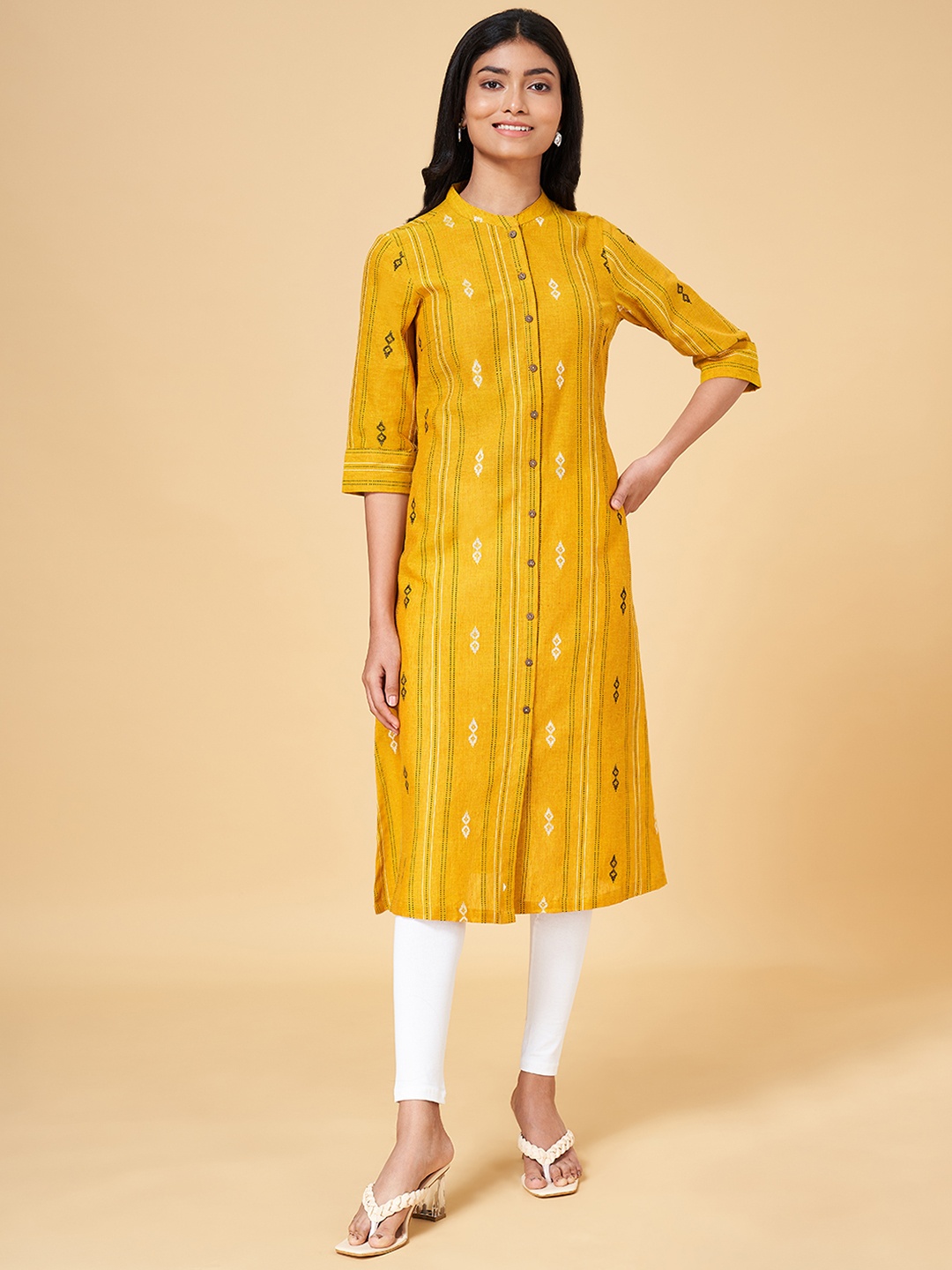 

YU by Pantaloons Women Striped Thread Work A-Line Kurta, Mustard