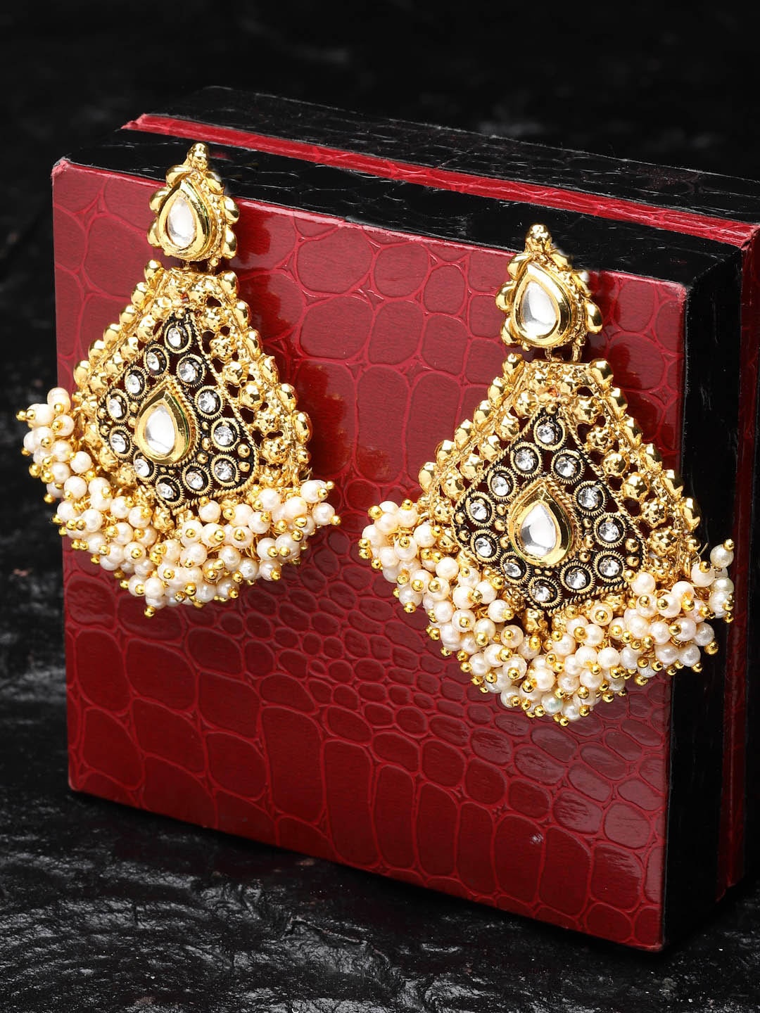

PANASH Antique Gold-Plated Kundan Stone and Pearls Handcrafted Drop Earrings