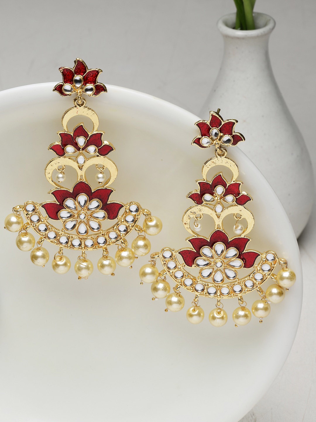 

PANASH Gold-Plated Kundan Stone Floral Shaped Handcrafted Drop Earrings